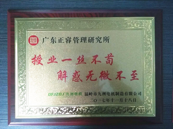 溫嶺市九洲電機制造有限公司贈與廣州正睿授業(yè)一絲不茍與，解惑無微不至牌匾